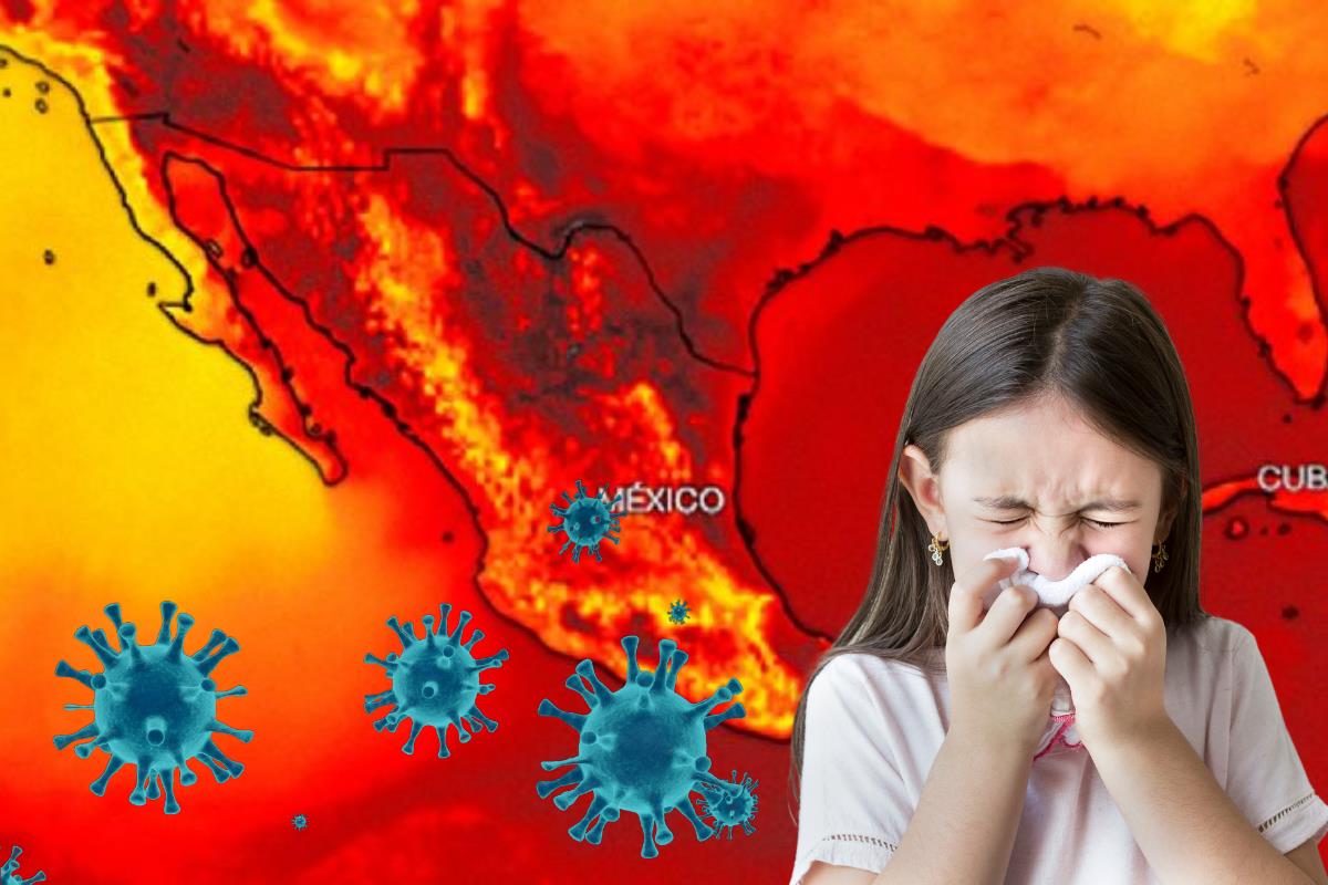 Mapa de México con calor, niña enferma, virus. Foto: Canva