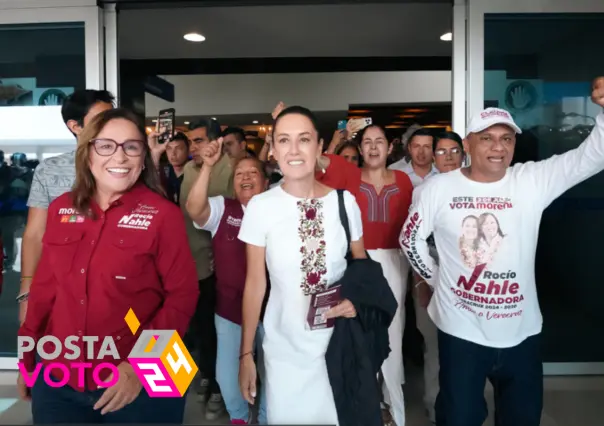 Sheinbaum captada en el aeropuerto de Veracruz; último fin de semana de campaña