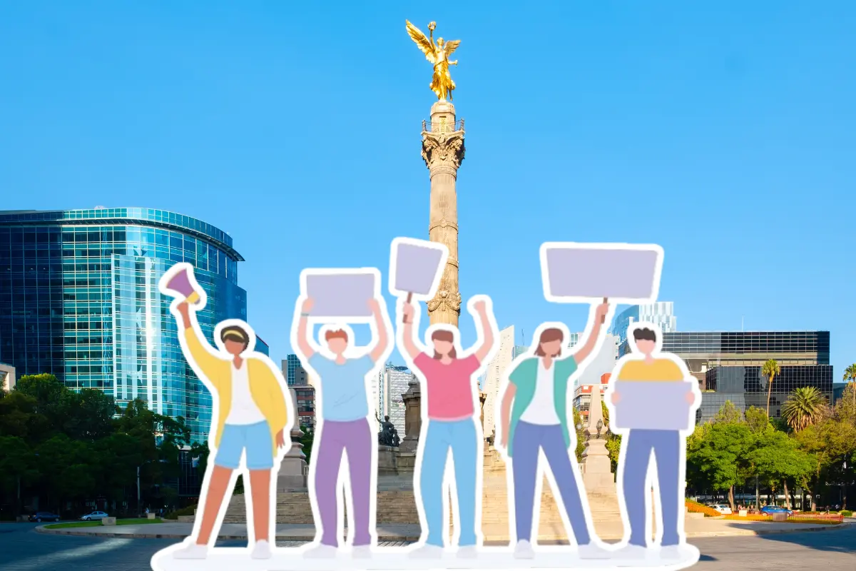 Ángel de la Independencia con ilustración de manifestantes.   Foto: Especial