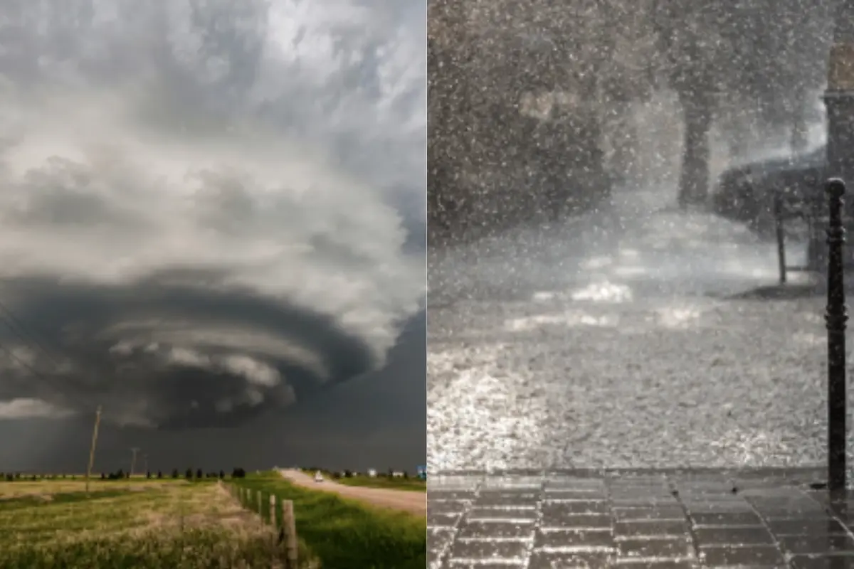 Torbellino sobre un campo y lluvia cayendo en una calle. Foto: Especial