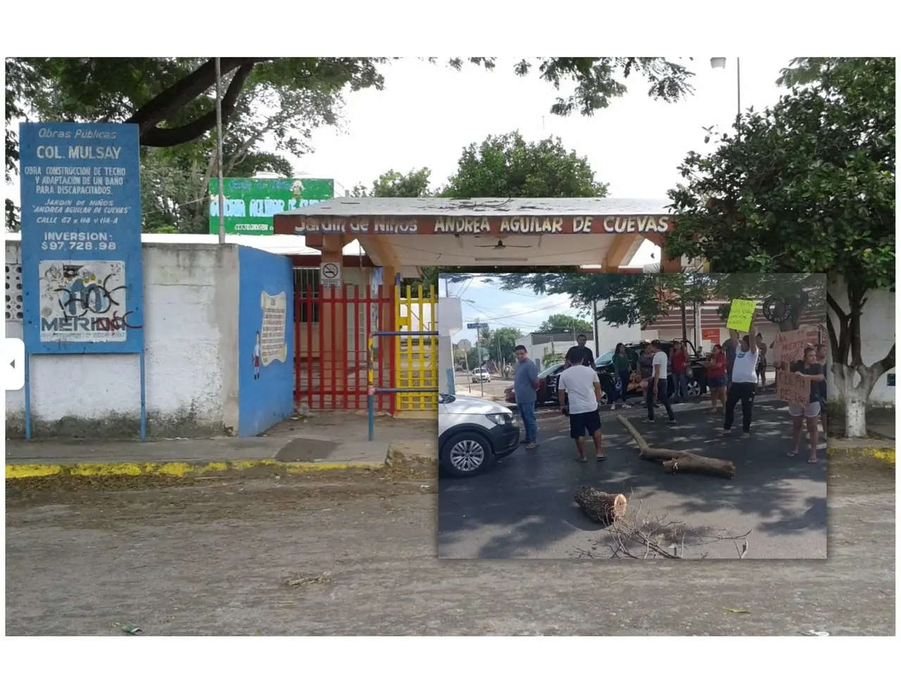 Vecinos de la colonia Xoclán bloquearon una avenida en protesta por unos cables de alta tensión cerca de un kínder que ponen en peligro la vida de los alumnos y personal de la escuela.- Foto de redes sociales