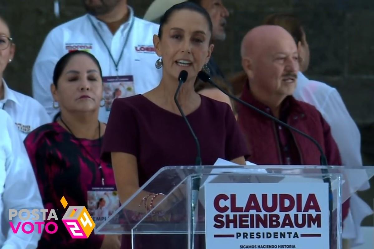 Claudia Sheinbaum emitiendo su último discurso de campaña en el Zócalo de la CDMX Foto: X(Twitter) @Claudiashein