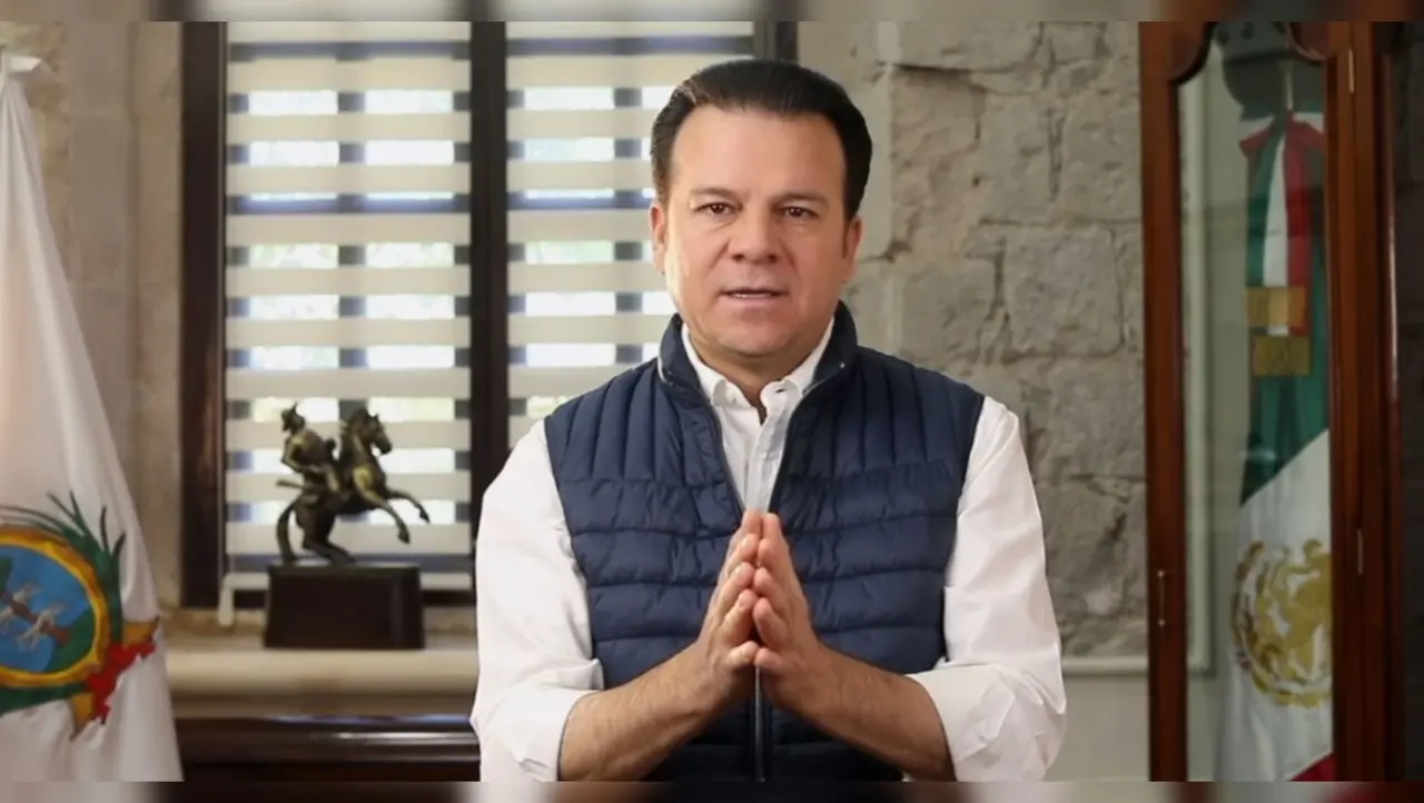 Esteban Villegas, gobernador de Durango, durante su mensaje a la sociedad exhortando a votar en una elección que será en paz y con tranquilidad. Foto: Captura de pantalla.