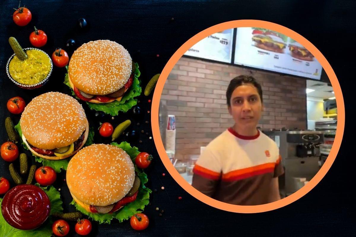 Tres hamburguesas preparadas, pepinillos, catsup, jitomates y el gerente de Burguer King en Querétaro. Foto: Canva y X @pabloaberrera