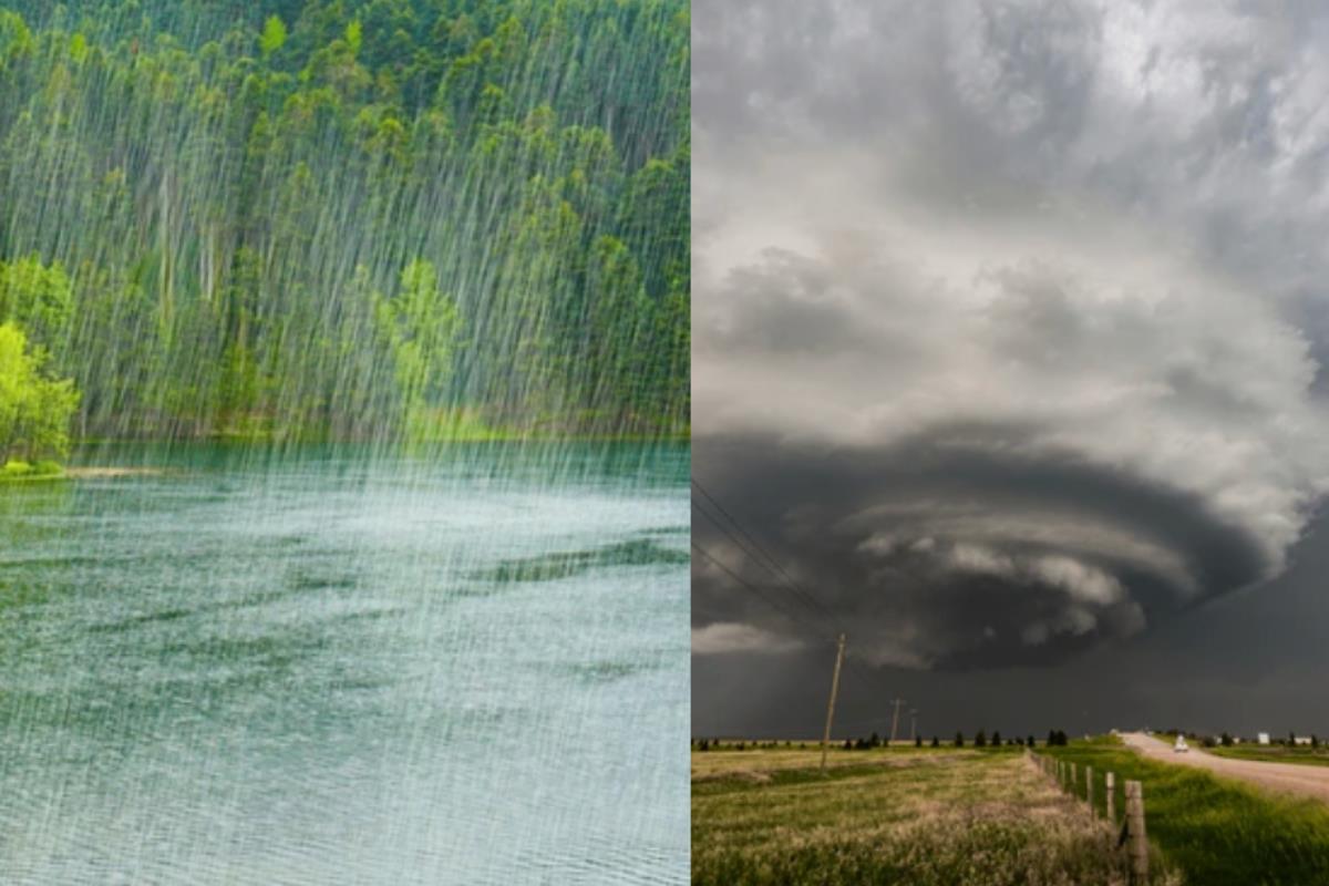 Lluvias fuerte cayendo sobre piso y torbellino en nubes. Foto: Especial