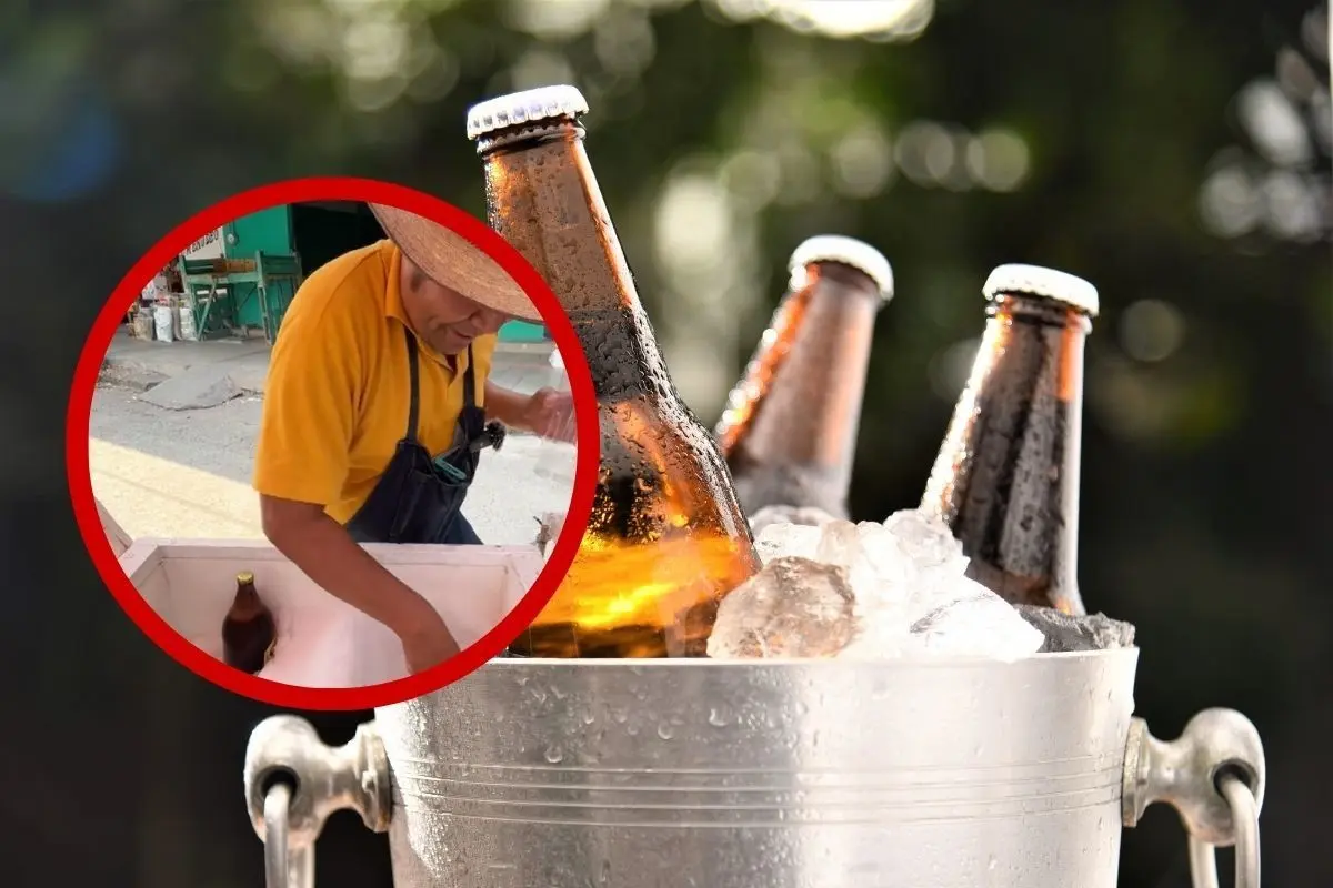 Envases de cerveza y un hombre preparando un raspado. Foto: Canva