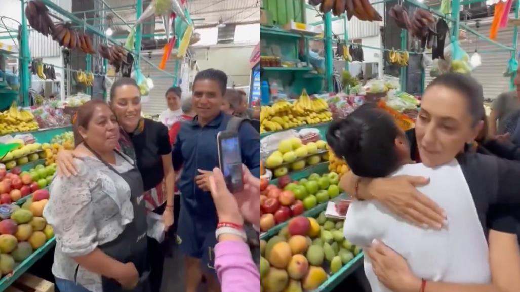 VIDEO: Sheinbaum sorprende a mercado La Paz y se toma fotos con locatarios