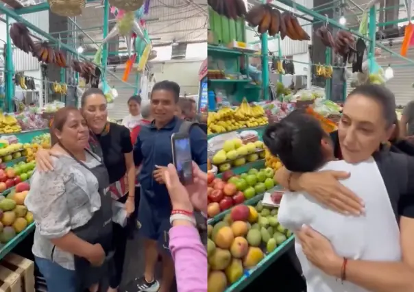 VIDEO: Sheinbaum sorprende a mercado La Paz y se toma fotos con locatarios