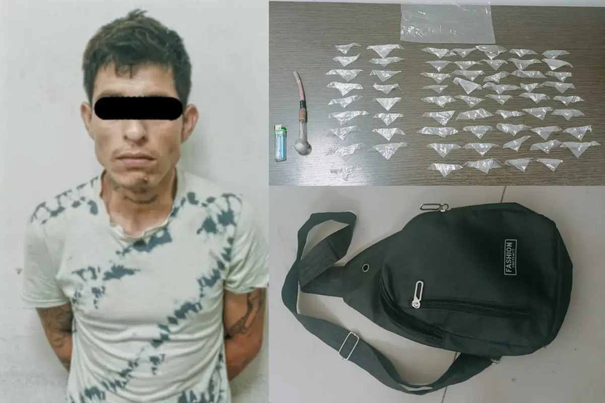 Hombre detenido, mochila negra que portaba, envoltorios y artículos que le fueron decomisados. Foto: Policía de Escobedo.