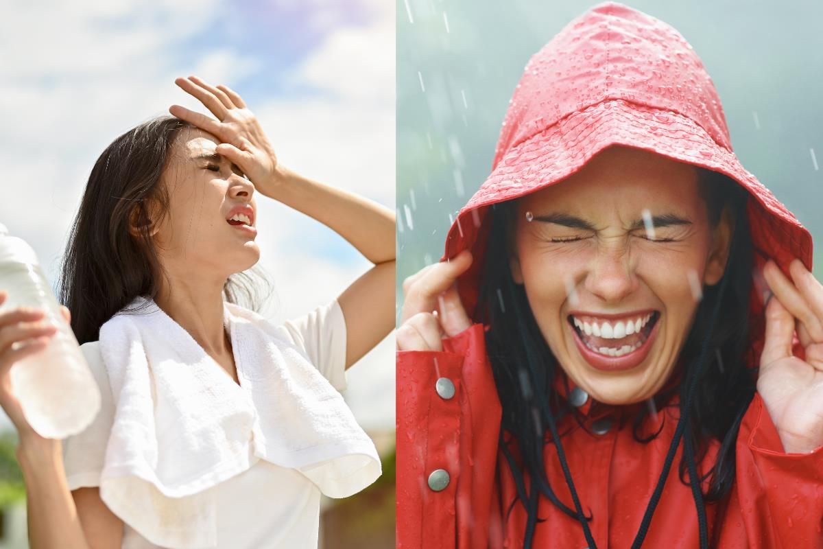 Mujer con mucho calor y bajo la lluvia. Foto: Canva