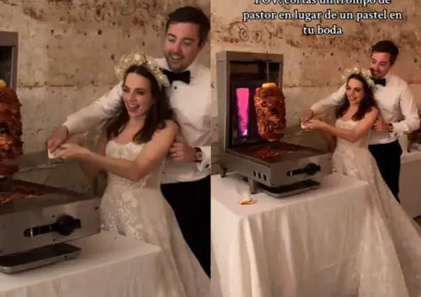 ¡Rompiendo con la tradición! Novios cortan trompo de pastor en vez de pastel