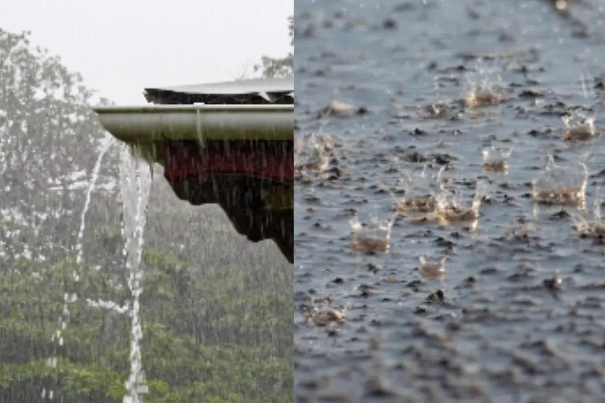 Lluvia intensa cayendo sobre un tejado y gotas de lluvia sobre un charco. Foto: Especial