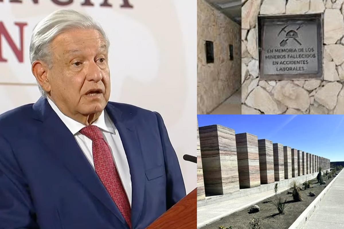 AMLO en conferencia de prensa del 13 de junio de 2024, junto a imágenes del memorial de Pasta de Conchos. Foto: Especial