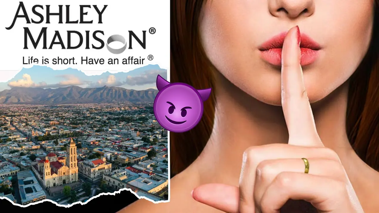 Sitio web de la aplicación Ashley Madison e imagen aérea de la ciudad de Saltillo / Foto: Redes Sociales