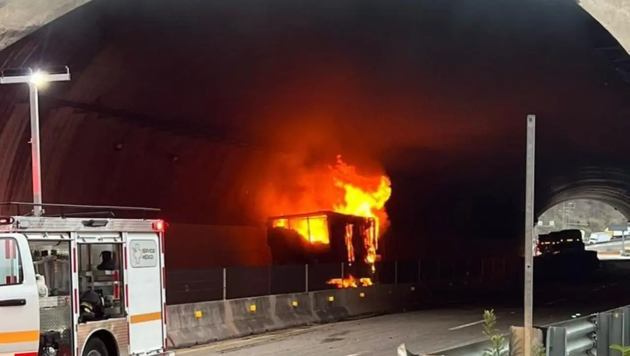 Camión de las Farmacias Guadalajara tras incendiarse luego de accidentarse en la Durango-Mazatlán. Foto: Facebook SSP Durango.