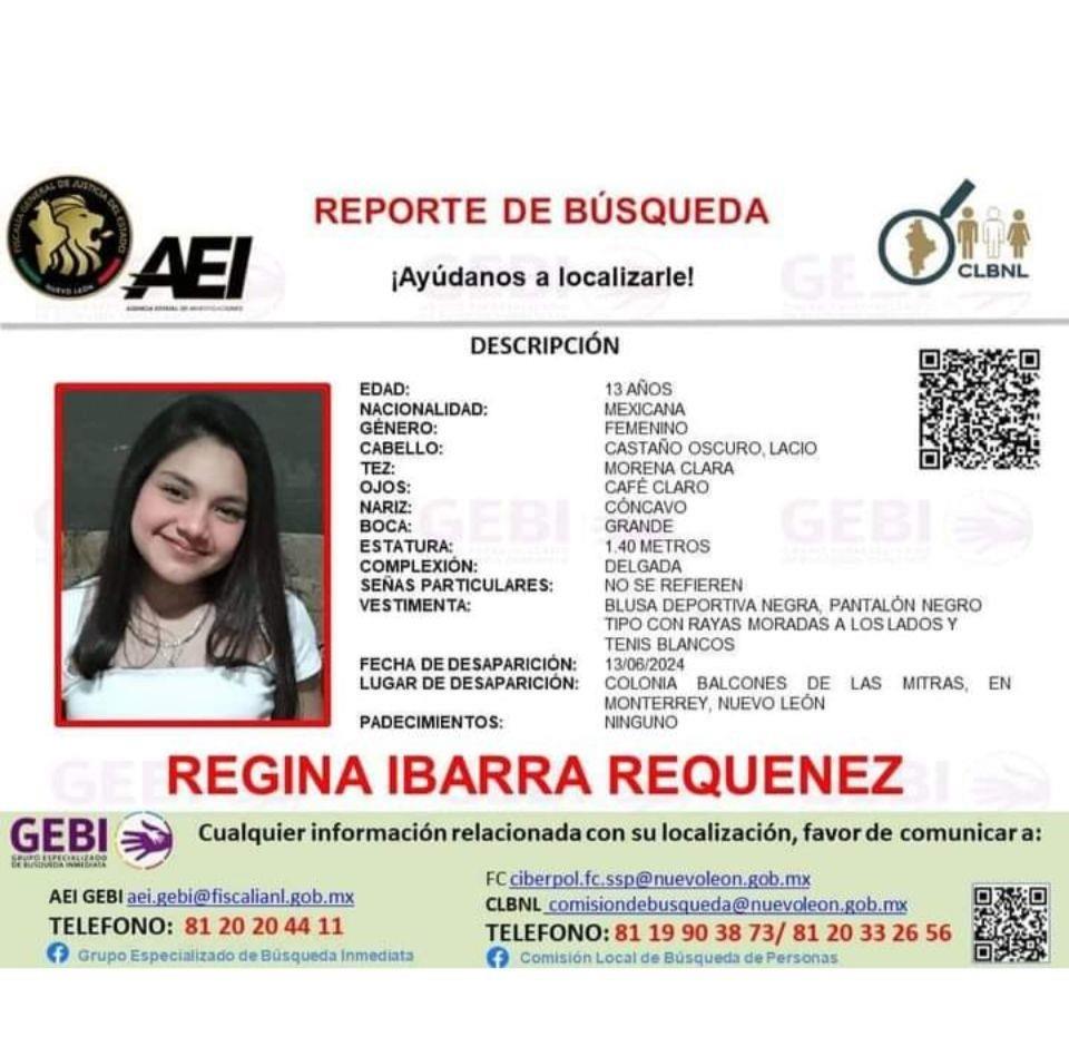 Reporte de búsqueda, Regina Ibarra Requenez. Foto: AEI