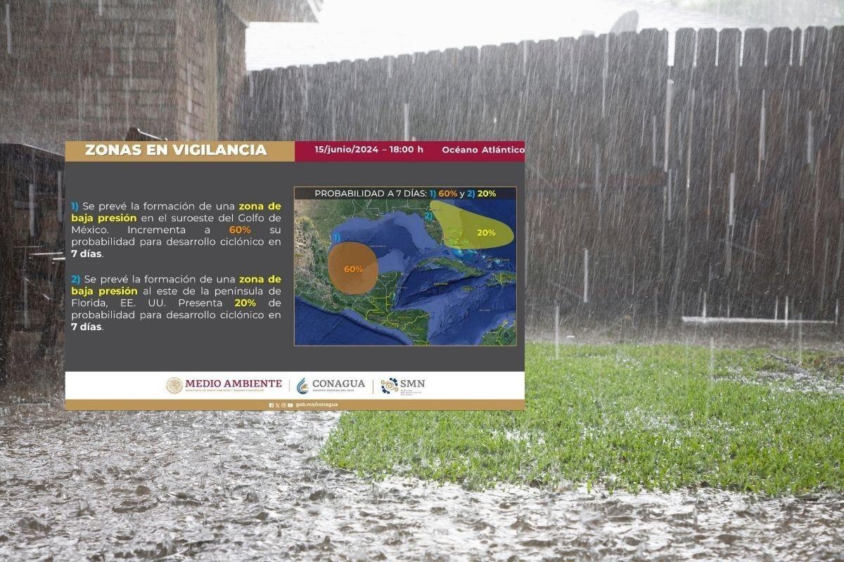 Patio con lluvia e imagen ilustrativa de la Conagua sobre las lluvias. Foto: Canva