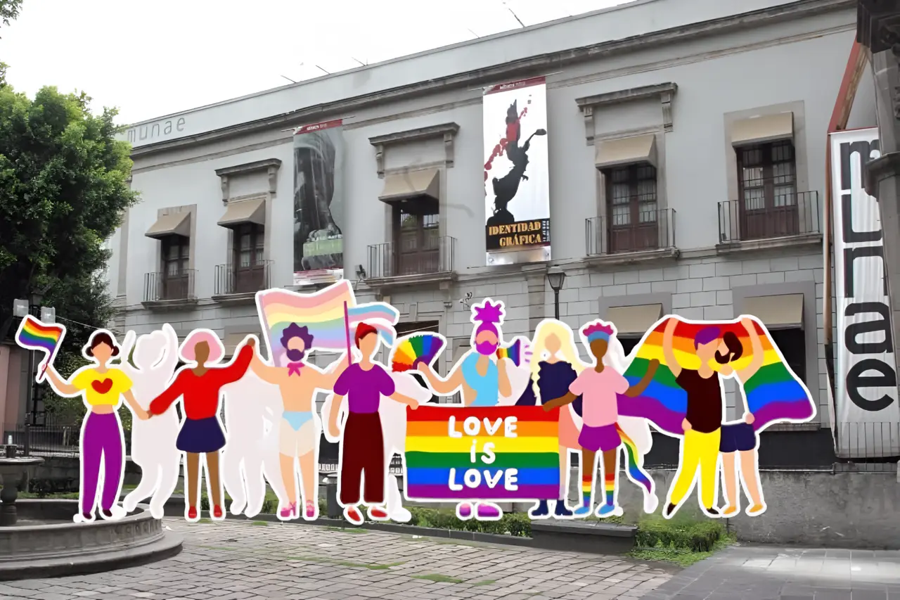 Fachada del MUNAE e ilustración de la comunidad LGBTIQ .   Foto: Especial