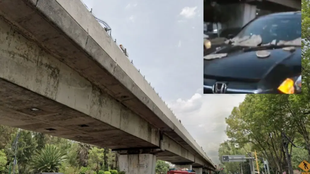 ¡Cuidado! Concreto de la Línea 4 del Metro cae sobre auto en Venustiano Carranza