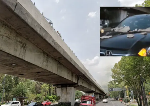 ¡Cuidado! Concreto de la Línea 4 del Metro cae sobre auto en Venustiano Carranza