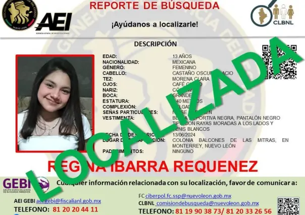 Localizan a Regina Ibarra Requenez tras reporte de desaparición