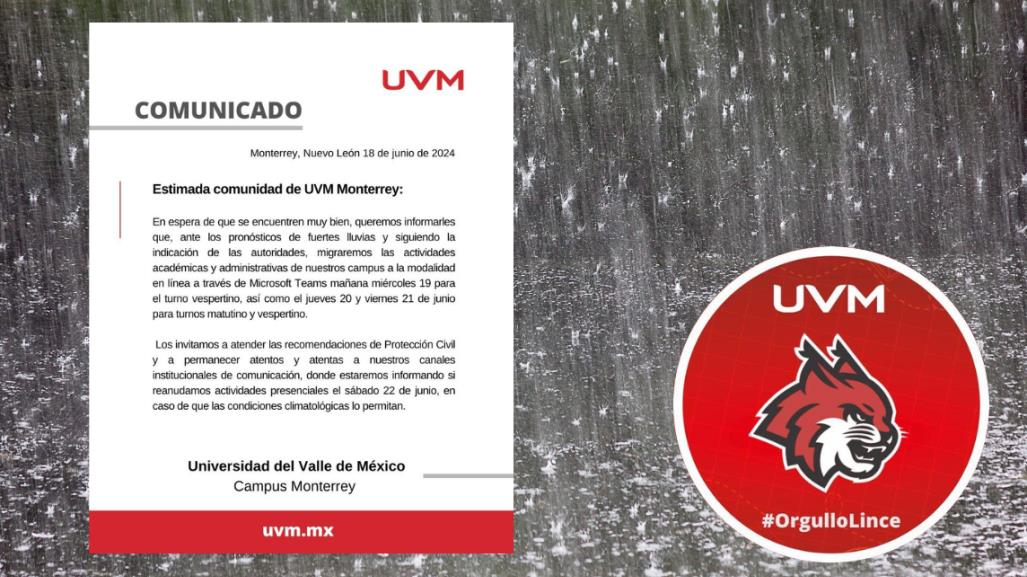 UVM suspende clases presenciales ante lluvia; implementan modalidad en línea