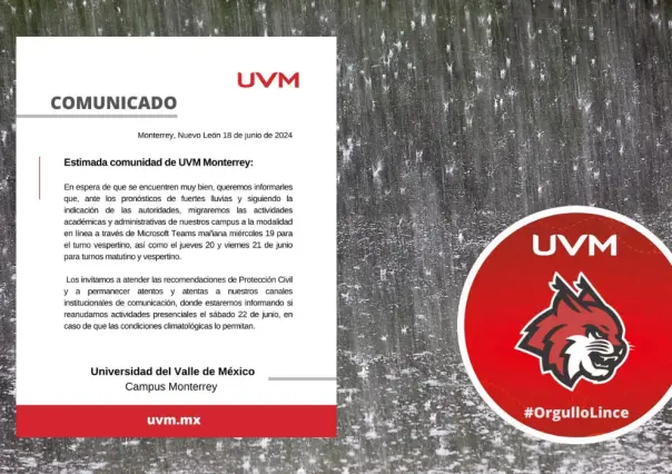 UVM suspende clases presenciales ante lluvia; implementan modalidad en línea