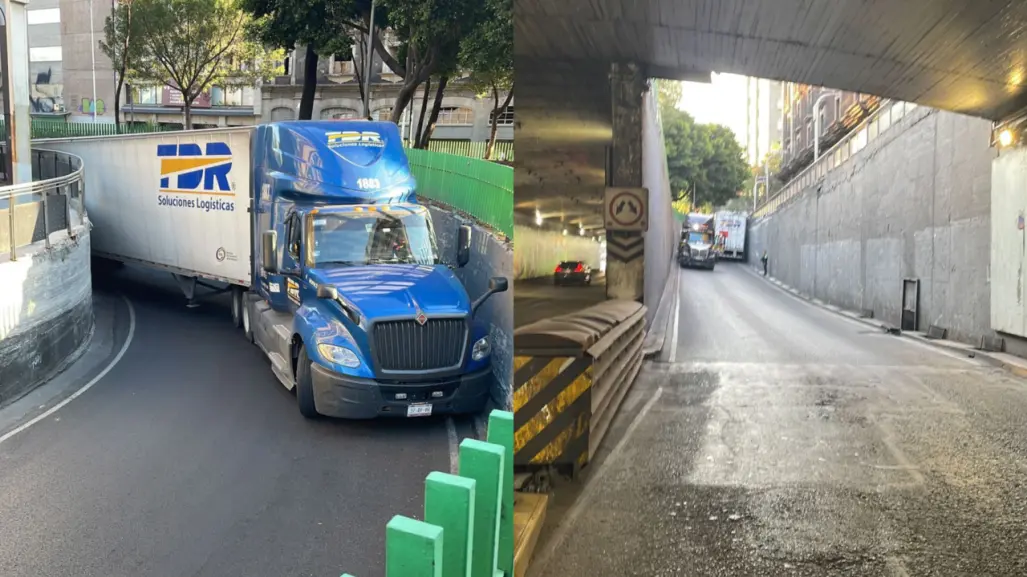 ¡Y va de nuevo! Tráiler se atora al intentar cruzar por túnel vehicular