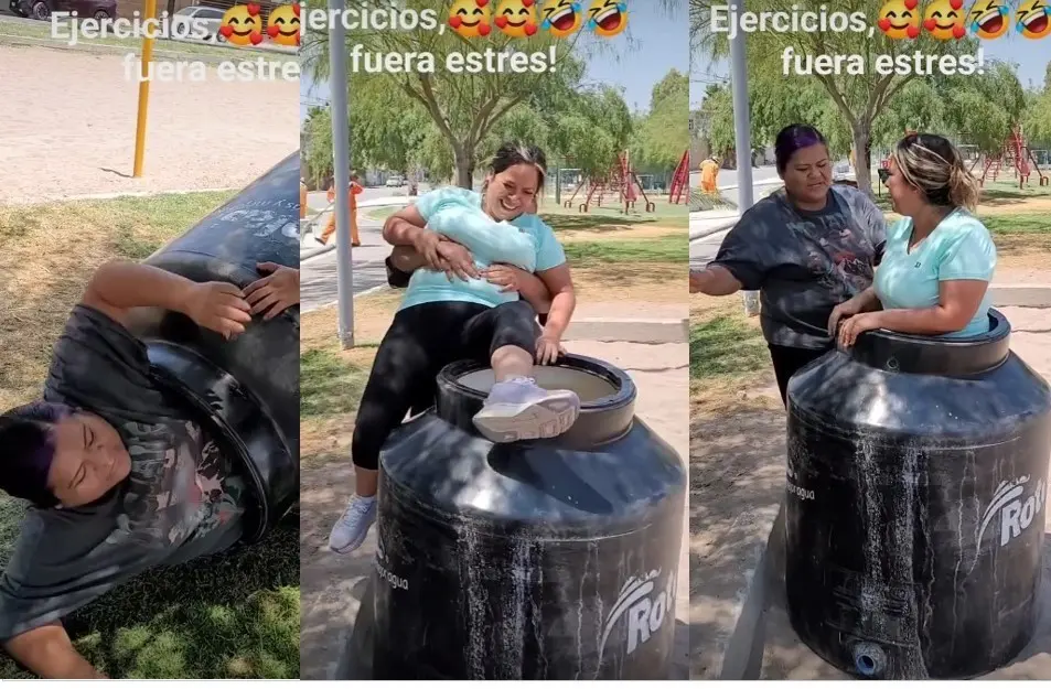 ¡A bajar de peso! Amigas se ejercitan con tinaco Rotoplas para perder peso