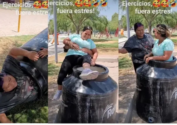 ¡A bajar de peso! Amigas se ejercitan con tinaco Rotoplas para perder peso