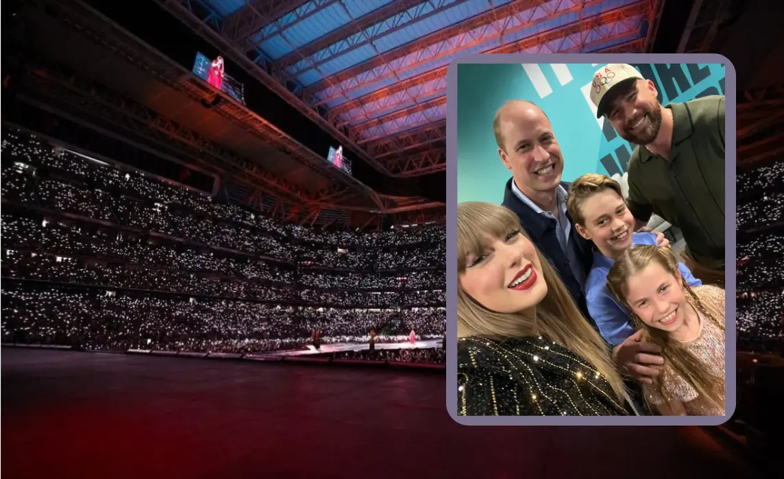 Taylor Swift junto a su novio Travis Kelce, el príncipe William y sus hijos; en el backstage del concierto de la artista en Londres. Foto: Especial