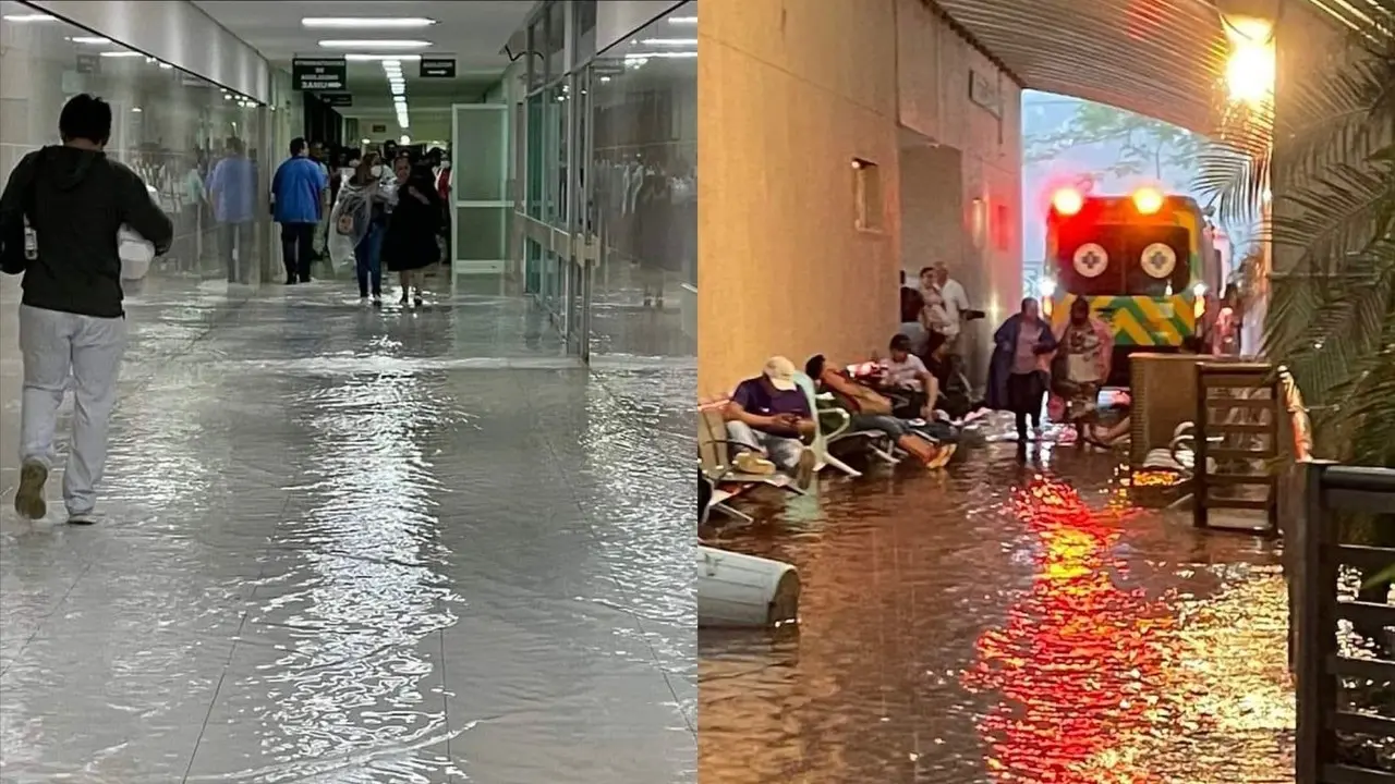 Los pasillos se inundaron debido al nivel del agua, y se reportó que el área del UMAE también se encuentra en condiciones similares. Foto: Redes sociales