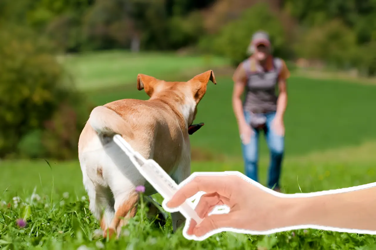 Perro en pastizal con su dueño y una mano sosteniendo una jeringa. Foto: Especial