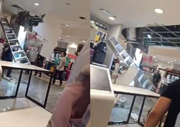 ¡Aguas con el techo! Colapso del plafón en tienda durante las lluvias