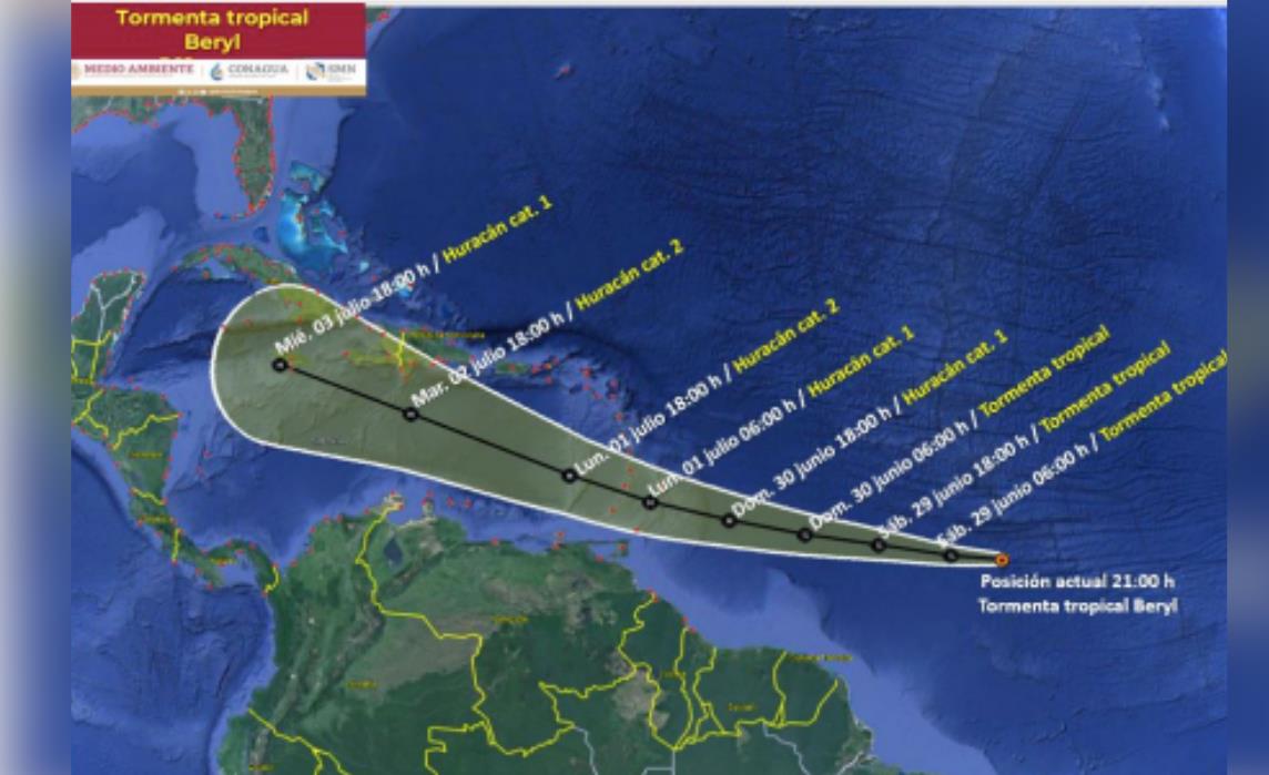 Trayectoria de la tormenta tropical Beryl. Foto: CONAGUA