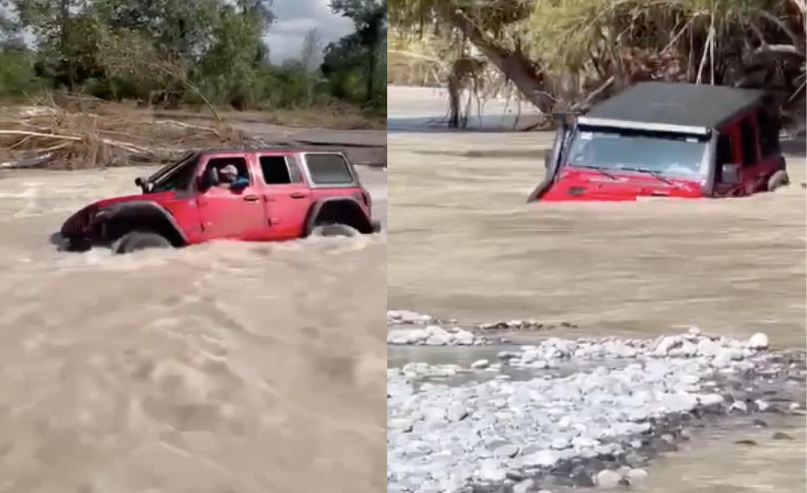 Joven en un jeep intentando cruzar el rio Pilón. Foto: Redes Sociales