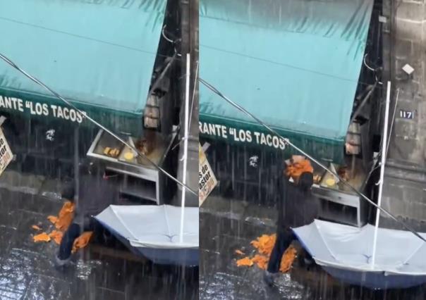 Otra de taqueros: Se les cae el trompo durante lluvia y lo vuelven a vender