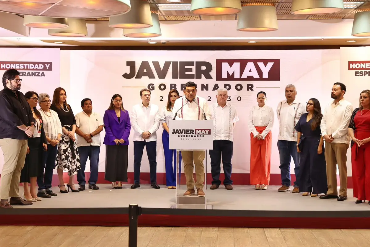 Javier May Rodríguez en conferencia de prensa del 1 de julio de 2024, durante su presentación del gabinete de gobierno. Foto: Armando de la Rosa