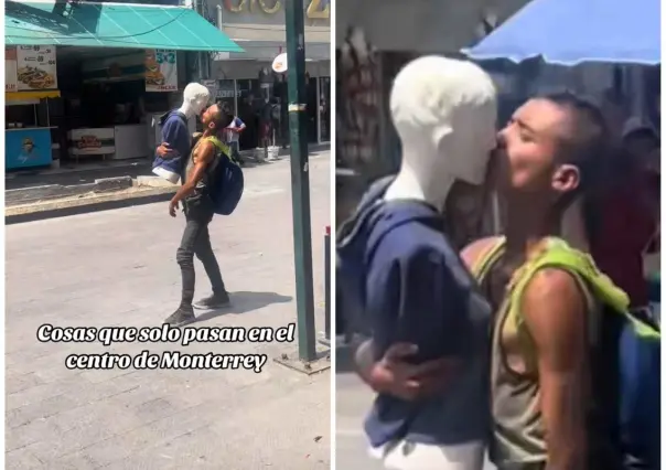 ¡Un nuevo personaje! Captan a sujeto besando a un maniquí en Monterrey (VIDEO)