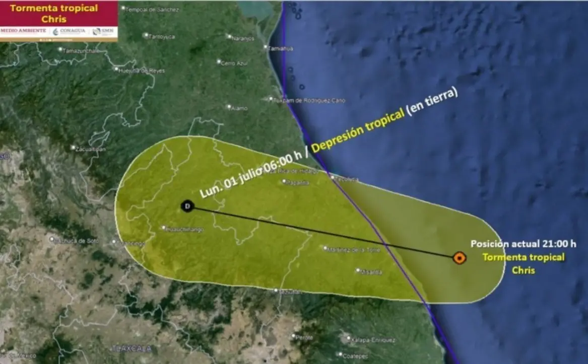 El centro de la tormenta tropical Chris ya tocó tierra en Veracruz. Foto: Conagua.