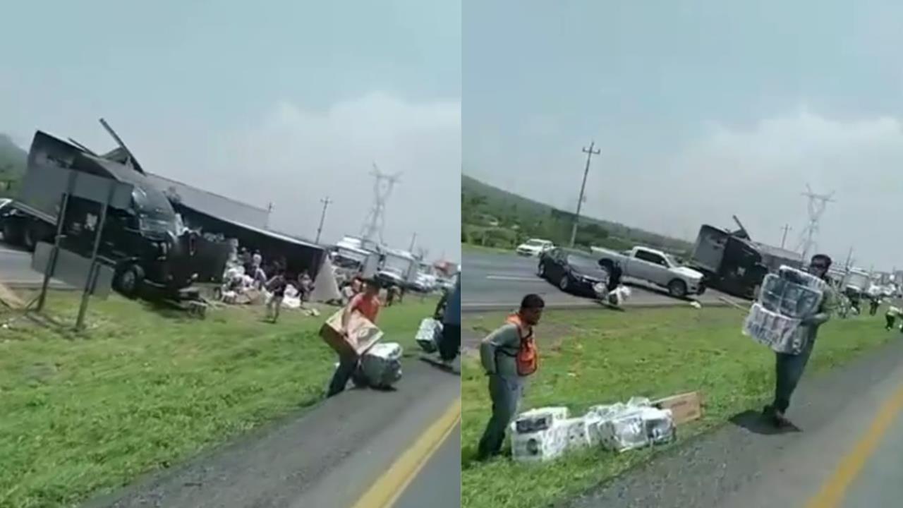 Volcadura de trailer con papel higiénico en la carretera libre Monterrey - Saltillo / Foto: Redes Sociales