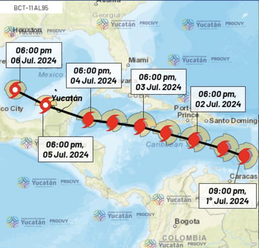 Autoridades meteorológicas informaron que “Beryl” mantiene su paso hacia la Península como huracán categoría 5 pero que al entrar a territorio mexicano se debilitaría.- Foto de Procivy