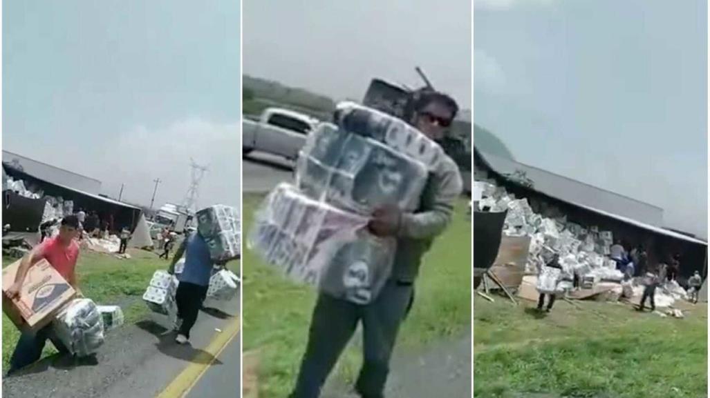 ¡Urgidos! Rapiñan rollos de papel en la Saltillo-Mty tras accidente de tráiler