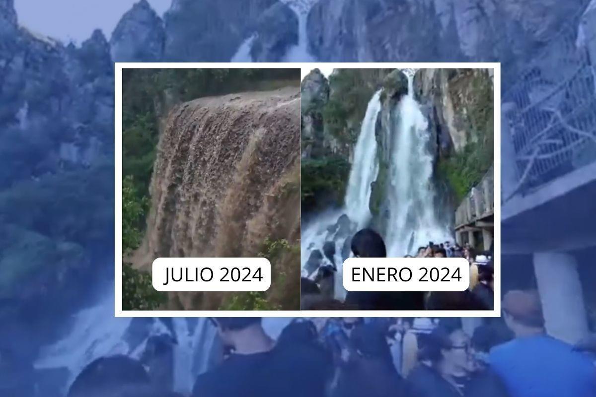 Antes y después del flujo de agua en la cascada el Salto de Quetzalapan en Puebla. Foto: X @ApartadoMex