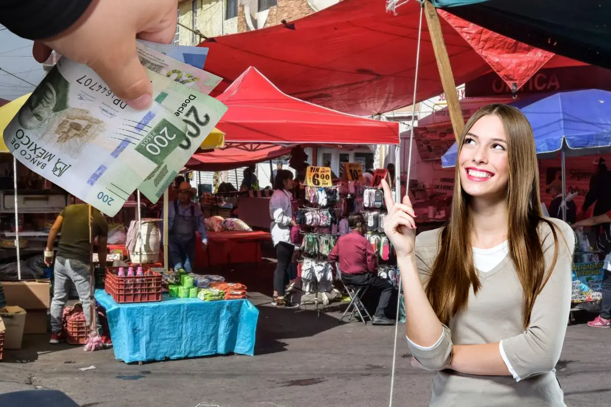 Tianguis de la CDMX, billetes mexicanos, persona feliz. Foto: Canva