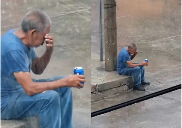 ¡La lata bajo la lluvia! Graban a hombre triste tomando bajo aguacero (VIDEO)