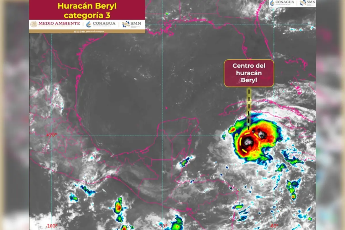 Beryl se mantiene como un huracán de categoría 3 en la escala Saffir-Simpson, con trayectoria hacia la Península de Yucatán. Foto: Servicio Meteorológico Nacional