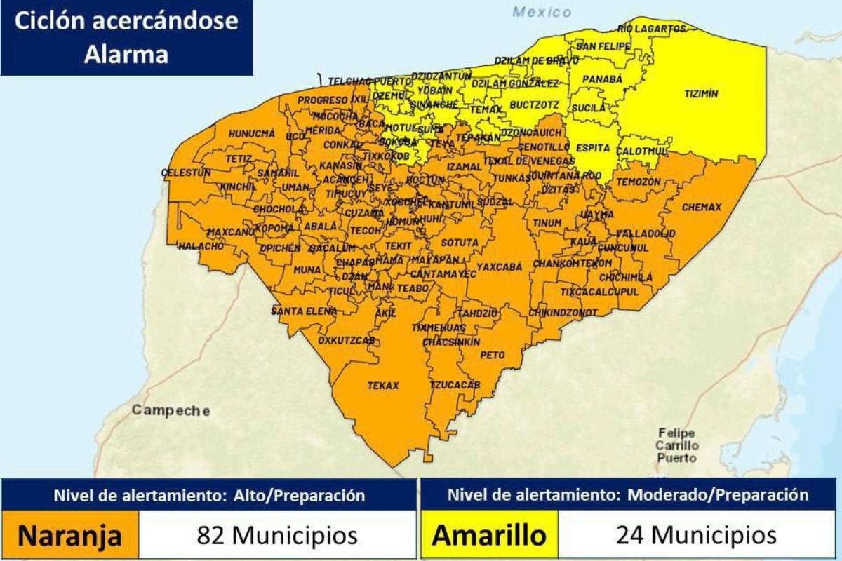 Mapa de Yucatán con los municipios en alerta naranja y amarilla por el Huracán Beryl. Foto: X / (@GobYucatan)