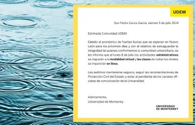 UDEM anuncia clases en línea por lluvias en Nuevo León