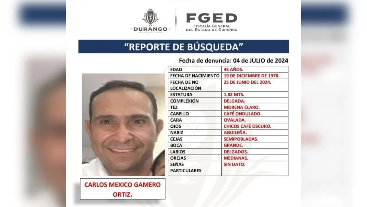 Ficha de búsqueda del ex director de Protección Civil del estado de Durango. Foto: Facebook Fiscalía.